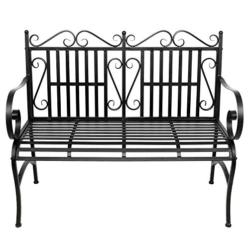 pimaitr Bench Outdoor Garden Metal Patio Porch Furniture Park Seat Deck Chair Iron Wooden Backyard Back Yard Steel Black Seating Chairs