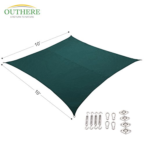 Outhere 10X10 Waterproof Sun Shade Sail Square with Stainless Steel Hardware Kit - Durable Outdoor Canopy UV Shelter for Patio Lawn - Forest Green Color