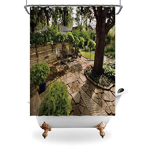 ALUONI Landscaped Garden Back Yard Patio with Stone Wall Shower Curtain Waterproof Polyester Fabric Shower Curtain with HooksPavers with Hooks71 in x 71in