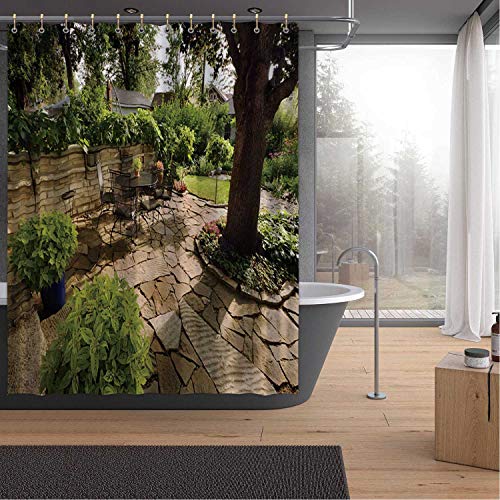 ALUONI Landscaped Garden Back Yard Patio with Stone Wall Shower Curtains Set with HooksPavers for Kids Room72W x 79H