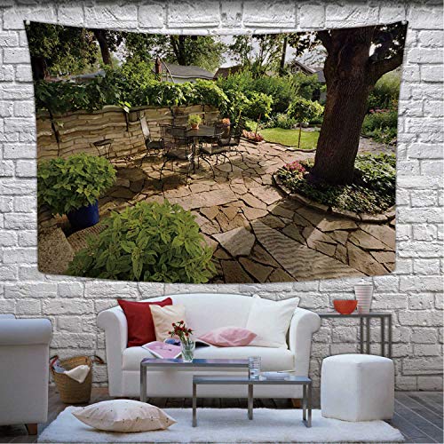 Hitecera Landscaped Garden Back Yard Patio with Stone Wall Wall Hanging TapestryPavers for Decor905W x 591H