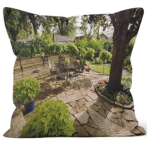 Nine City Landscaped Garden Back Yard Patio with Stone Wall Home Decorative Throw Pillow CoverHD Printing Square Pillow case16 W by 16 L