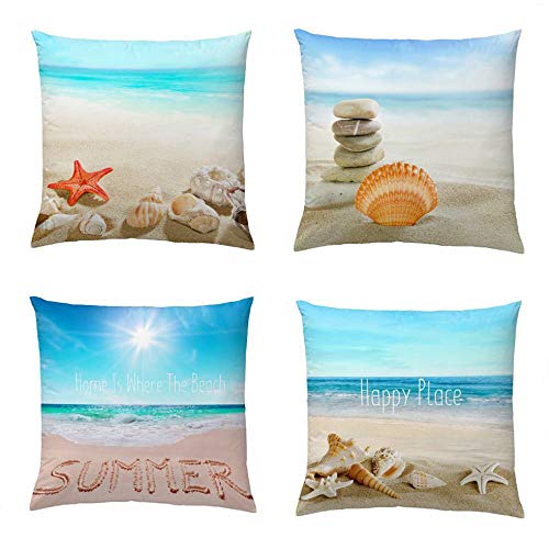 Semtomn Set of 4 Throw Pillow Covers Patio Conches Starfishes Stones Sunshine Sea Beach Pattern Shell Vacation Home Decorative 18x18 Pillow Cases Cushion Cover Square Pillowcases