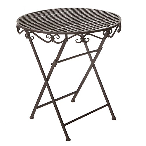 275 Inch Round Brown Metal Slattedamp Scrollwork Design Folding Deck Patio Bistro Accent Table