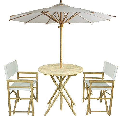 Zew 4-piece Bamboo Outdoor Backyard Patio Set With Round Table 2 Folding Canvas Chairs And Umbrella White