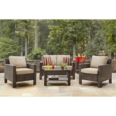 Hampton Bay Beverly 4-Piece Deep Patio Seating Set with Beige Cushions
