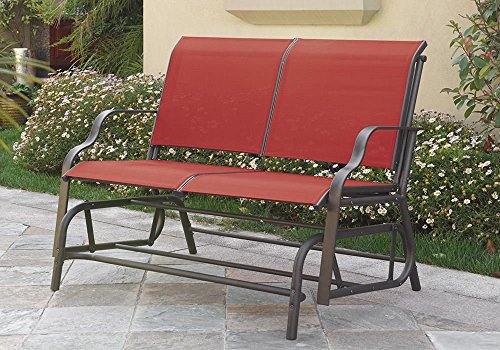 Outdoor Patio Yard Glider Loveseat 2-Seat Bench Red Synthetic Fabric Mesh Seating Beige