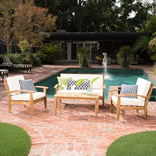 Preston 4 Piece Wood Outdoor Patio Seating Chat Set w Beige Cushions