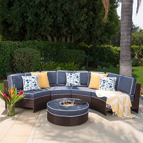 Riviera Ponza Outdoor Patio Furniture Wicker 4 Piece Semicircular Sectional Sofa Seating Set w Waterproof Cushions Ice Bucket Ottoman Navy Blue