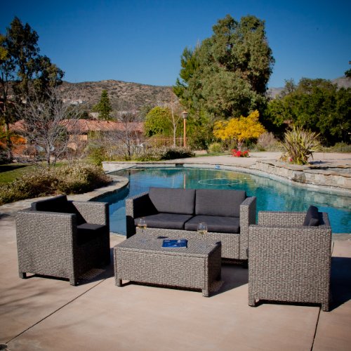 Venice Outdoor Patio Furniture 4 Piece Grey & Black Sofa Seating Set W/ Cushions