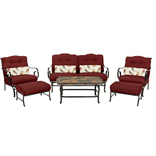 Hammond Lakeside 6-Piece Patio Set in Crimson Red with a Stone-top Coffee Table Sofa 2 Side Chairs and 2 Ottomans