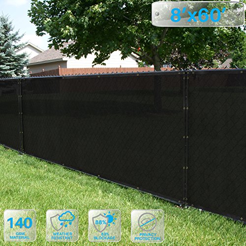 Patio Paradise 8 x 60 Black Fence Privacy Screen Commercial Outdoor Backyard Shade Windscreen Mesh Fabric with brass Gromment 85 Blockage- 3 Years Warranty Customized Sizes Available
