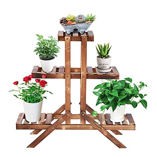 Ejoyous Wood Plant Stand 5 Tier Carbonized Flower Stand Shelf Pot Rack Multiple Planter Holder Flower Rack Display Shelf for Outdoor Indoor Greenhouse Garden Balcony Patio Living Room