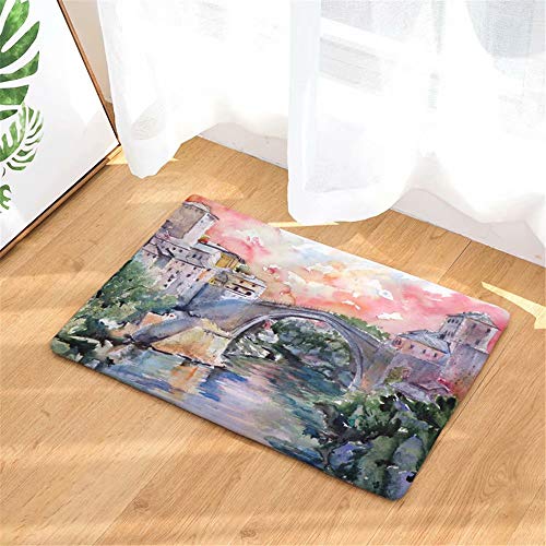 FANNEE Idyllic Landscape Bridge Watercolor Waterproof Backing Door Mat Interior Floor for Capturing Dirt Dirt and Water