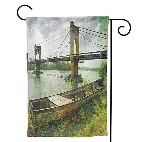 Mannwarehouse Holiday Flag Welcome Yard Decor Double-Sided Printing for Home Landscape Bridge and Old Boat on Riverside Distressed Paint Style Nostalgic City Picture Green Grey12 x18 inch