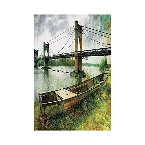 Polyester Garden Flag Outdoor Flag House Flag BannerLandscapeBridge and Old Boat on Riverside Distressed Paint Style Nostalgic City PictureGreen Greyfor Wedding Anniversary Home Outdoor Garden Dec
