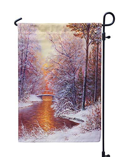 Soopat Landscape Painting Seasonal Flag Winter Landscape with Bridge Oil Painting LandscapeWeatherproof Double Stitched Decorative Flags for Garden Yard 12 L x 18 W Welcome Garden Flag