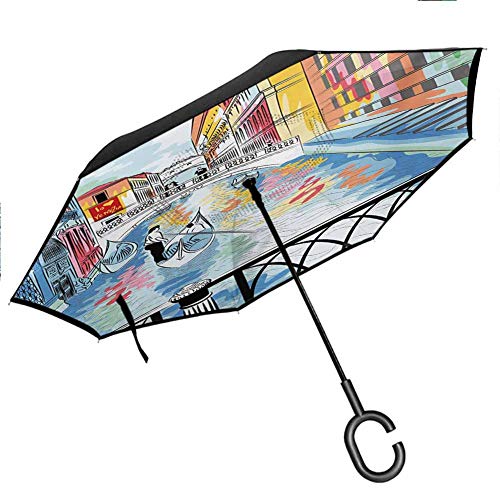 Venice Car Reverse Umbrella Colorful Sketch of a Landscape the Bridge of Sighs in Venice Artistic Romantic Scene Double Layer Reverse Rain&Wind for UV Protection Rain Multicolor 425x315Inch