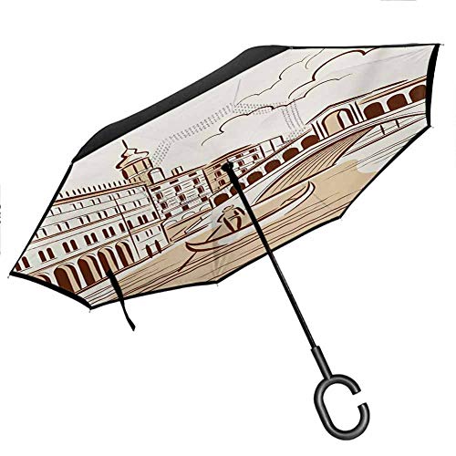 Venice Reverse Umbrella Stencil Art Display of Tranquil Venetian Landscape Bridge Buildings and Gondola with C-Shaped Handle for UV Protection Rain Burgundy Cream 425x315Inch