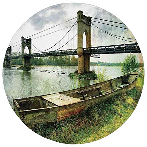 YOWAKi Round Rug Mat CarpetLandscapeBridge and Old Boat on Riverside Distressed Paint Style Nostalgic City PictureGreen GreyFlannel Microfiber Non-Slip Soft Absorbentfor Kitchen Floor Bathroom