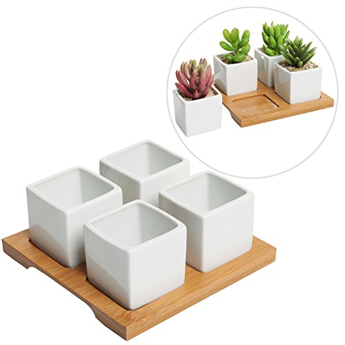 4 Piece Modern White Mini Square Cube Ceramic Succulent Planters / Flower Pots W/ Bamboo Tray - Mygift®