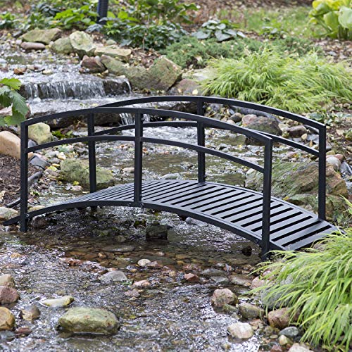 BeUniqueToday Sturdy 6-Foot Black Metal Garden Bridge with Double Arch Side Rails Features Beautiful Double-Arched Rails and A Classic Slatted Walking Surface That Prevents Water and Debris