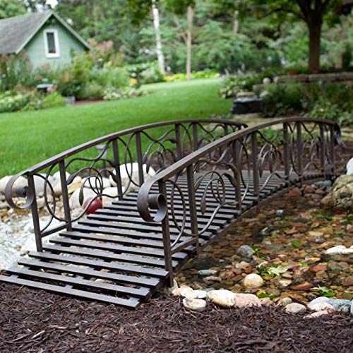 Home Improvements 8 Foot Weathered Black Scrolled Metal Garden Bridge Outdoor Lawn Landscaping Decor