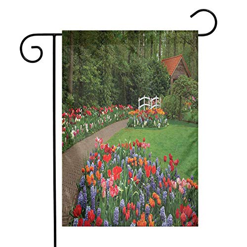 EMODFJCXZ Polyester Garden Flag Garden A Spring Garden with Forest Hut Small Bridge Plants Flowerbeds and Walkway Use it in Any Weather Green and Purple