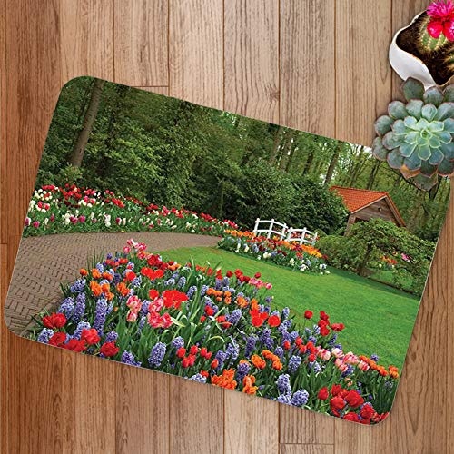 GULTMEE Doormat Mat A Spring Garden with Forest Hut Small Bridge Plants Flowerbeds and Walkway Plush Bathroom Decor Mat with Non Slip Backing 236 W X 157 Inches