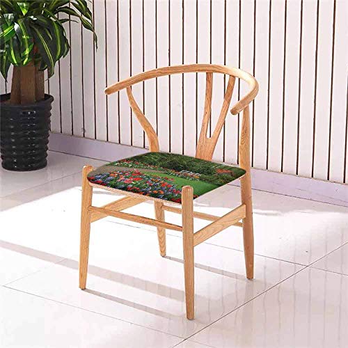 Garden Student Computer Chair Cushion A Spring Garden with Forest Hut Small Bridge Plants Flowerbeds and Walkway Breathable Green and Purple W195 x L1951pcs Set