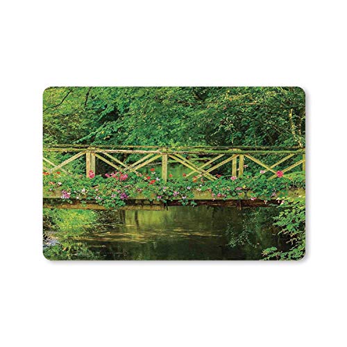 MOOCOM Apartment Decor Utility DoormatSmall Bridge Decorated with Cute Flowers Over Clear Stream in Summer Garden Decorative for Home236 Lx 157 W
