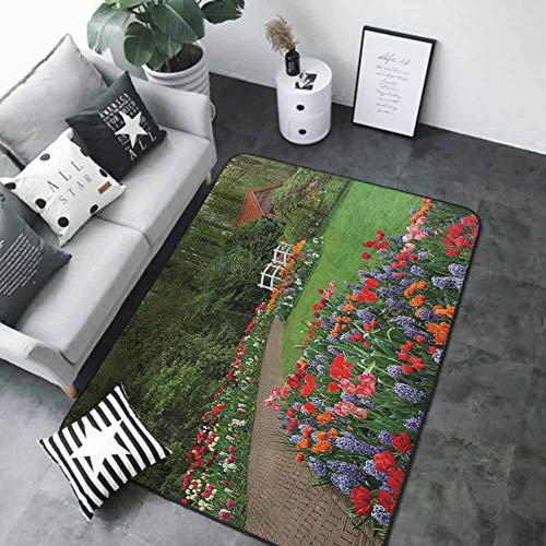 Outdoor Kitchen Room Floor Mat Country Home DecorA Spring Garden with ForestHutSmall BridgePlantsFlowerbeds and WalkwayGreen Purple 72 x 48 in Rubber mat