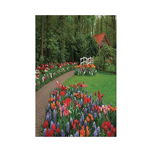 Polyester Garden Flag Outdoor Flag House Flag BannerCountry Home DecorA Spring Garden with Forest Hut Small Bridge Plants Flowerbeds and WalkwayGreen Purplefor Wedding Anniversary Home Outdoor Gar