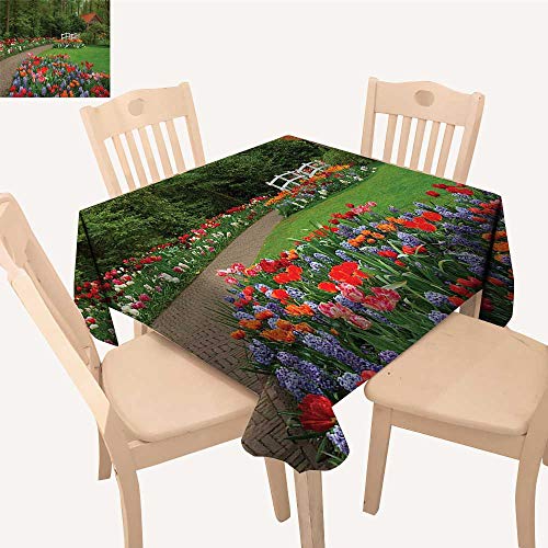 PriceTextile Garden Picnic Cloth A Spring Garden with Forest Hut Small Bridge Plants Flowerbeds and Walkway Dining Table Cover Green and Purple W 70 x L 70