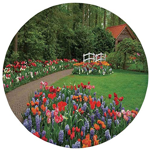 Round Rug Mat CarpetCountry Home DecorA Spring Garden with Forest Hut Small Bridge Plants Flowerbeds and WalkwayGreen PurpleFlannel Microfiber Non-slip Soft Absorbentfor Kitchen Floor Bathroom