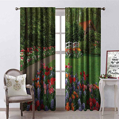 Tapesly Garden Shading Insulated Curtain Spring Garden with Forest Hut Small Bridge Plants Flowerbeds and Walkway Soundproof Shade W42 x L84 Inch Green and Purple