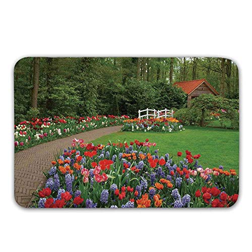 TecBillion Country Home Decor Non Slip Door MatA Spring Garden with Forest Hut Small Bridge Plants Flowerbeds and Walkway Doormat for Front Door Indoor236 Lx157 W