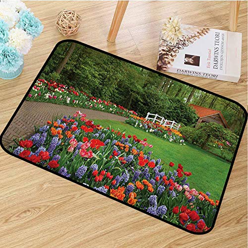 hengshu Garden Commercial Grade Entrance mat Spring Garden with Forest Hut Small Bridge Plants Flowerbeds and Walkway for entrances garages patios W157 x L236 Inch Green and Purple