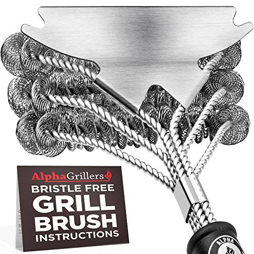 Alpha Grillers Grill Brush Bristle Free Best Safe BBQ Cleaner with Extra Wide Scraper Perfect 18 Inch Stainless Steel Tools for All Grill Types Including Weber Ideal Barbecue Accessories