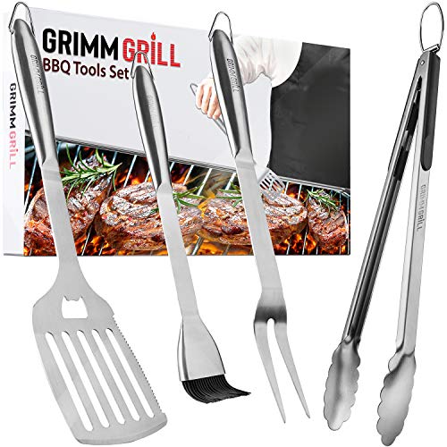 GRIMMGRILL Heavy Duty 18 Inch BBQ Grilling Tools Set - Stainless Steel Utensils Spatula Fork Basting Brush Tongs Great Accessories for Outdoor Barbecue Grill with White Gift Box Package