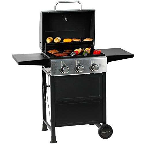 MASTER COOK 3 Burner BBQ Propane Gas Grill Stainless Steel 30000 BTU Patio Garden Barbecue Grill with Two Foldable Shelves