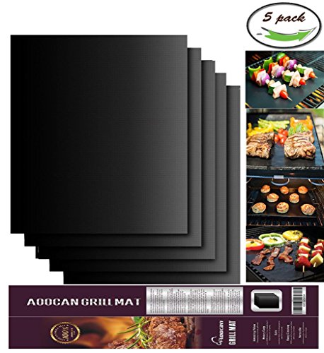 Aoocan Grill Mat Set of 5- 100 Non-stick BBQ Grill Baking Mats - FDA-Approved PFOA Free Reusable and Easy to Clean - Works on Gas Charcoal Electric Grill and More - 1575 x 13 Inch