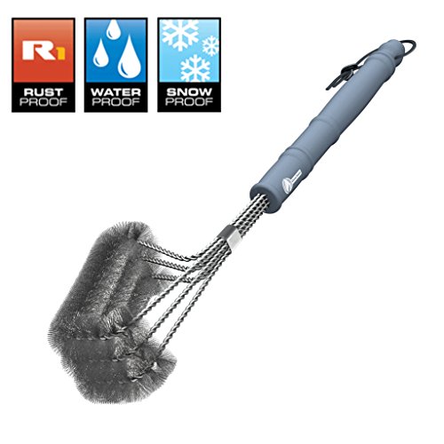 BBQ Grill Brush - ONLY 100 RUST PROOF DESIGN - Stainless Steel Wire Bristles with Strength Clip for Cleaning Char Broil Weber Porcelain and Infrared Barbecue Grates - 18 Long Handle by Cave Tools