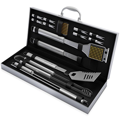 BBQ Grill Tools Set with 16 Barbecue Accessories - Stainless Steel Utensils with Aluminium Case- Men Complete Outdoor Grilling Kit for Dad
