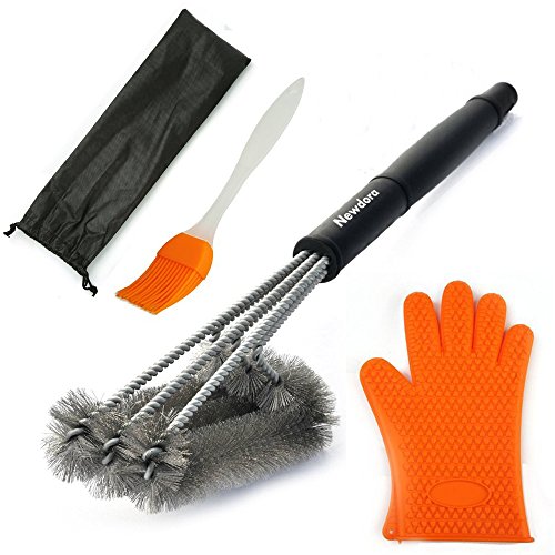 Newdora 3 in 1 18-Inch Stainless Steel BBQ Grill Cleaning Brush with Silicone Basting Brush and Heat Resistant Gloves