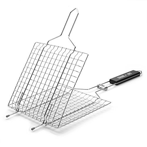 Portable BBQ Barbecue Stainless Steel Grill Grid Grate Basket Roast Folder Tool with Wooden Handle 1PC