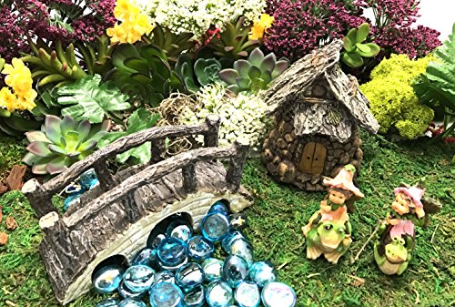 Fairy Garden Miniature Kit Fairies and Enchanted Furniture 11 piece set  3 Mini Rabbits Mini Arched Cobble Bridge Wood Bench Cottage Mini Puppy Blue Fairy Yellow Fairy and Ice blue gems