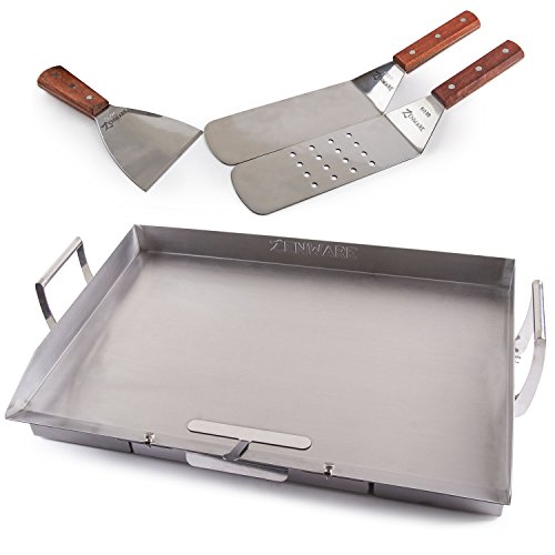 Zenware Stainless Steel Universal Large 22.75 X 15.75" Teppanyaki Griddle For Bbq Grills W/ Utensil Set