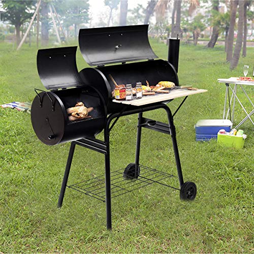 Kanizz Extra Large Rolling Barbeque Backyard Party Camping Charcoal Grill wLid-Mounted Temperature Gauge Outdoor Charcoal Grill BBQ Cooker wWheels - Shelf - Smokestack - Airvent - Oil Catcher