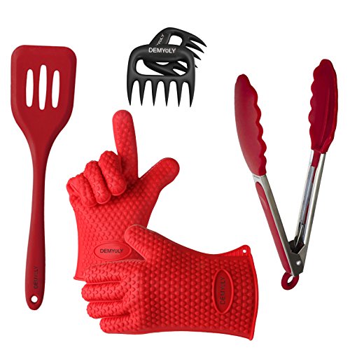 Kitchen BBQ Tool Set- Heat Resistant Silicone Gloves for Cooking Grilling Barbecue Baking Durability For Temperatures Up To 425 FÂ° includes Tongs with Silicone Tips-Meat Claws-Silicone Spatula